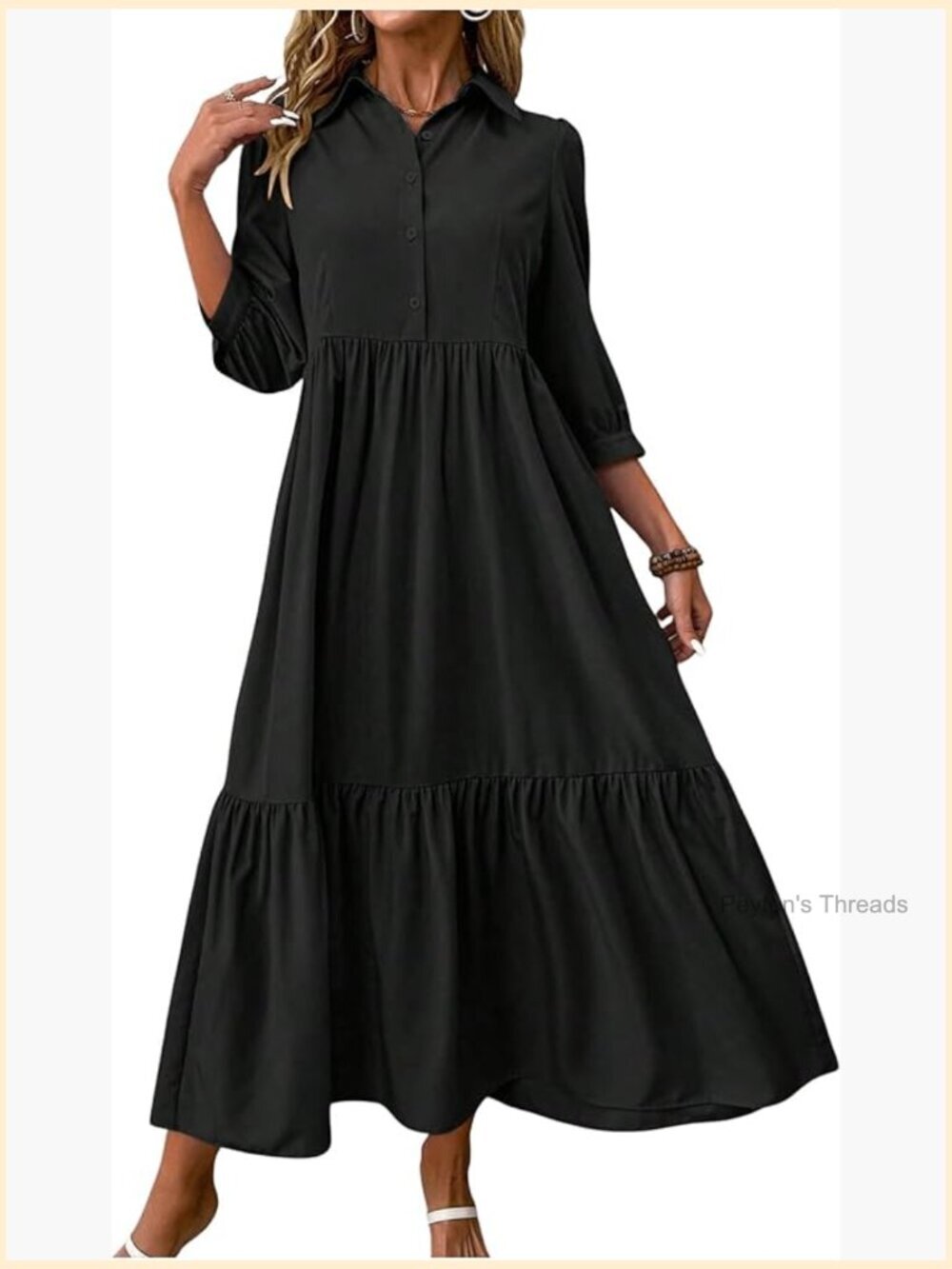 Flowy Collared Button Down 3/4 Sleeve Tiered Ruffle Maxi Dress